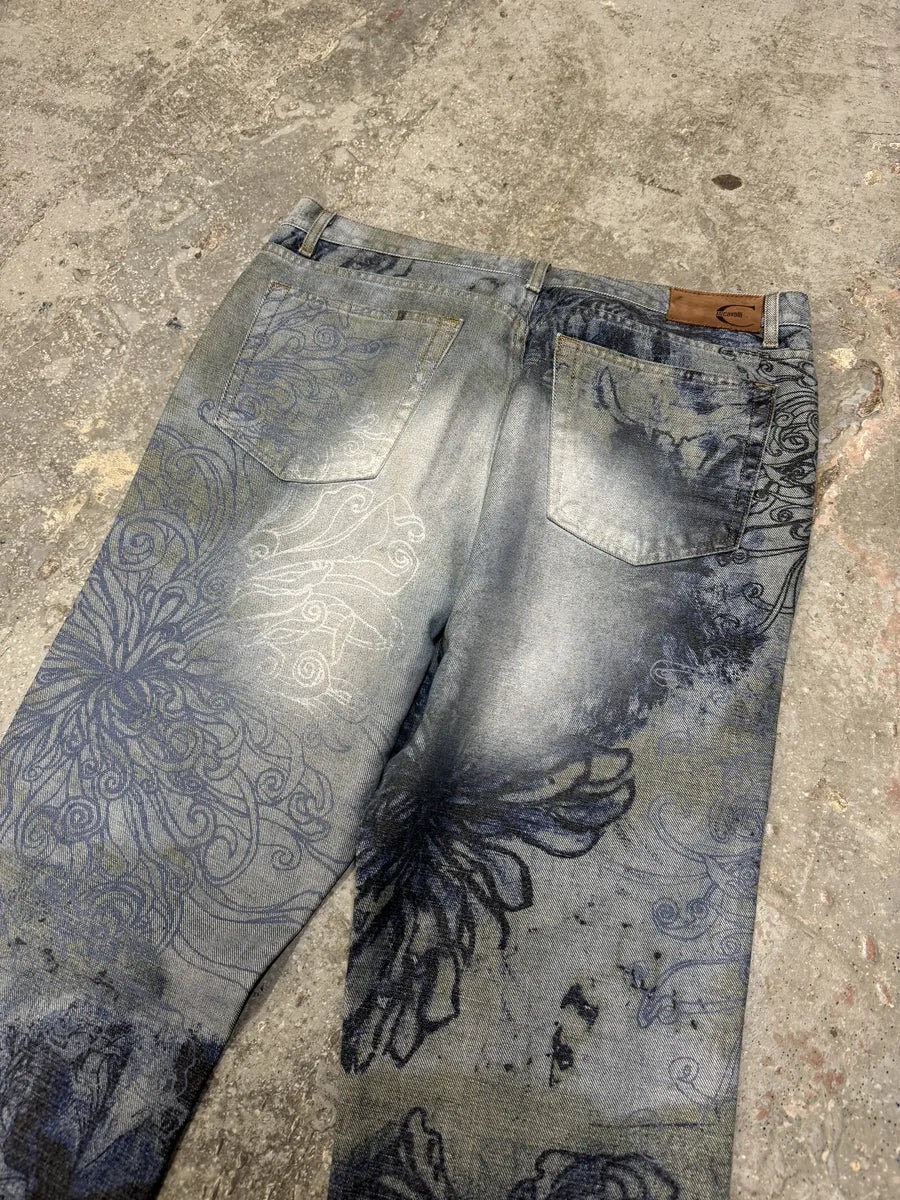 2000s Cavalli Floral Contemporary Blue Denim Pants qMqpzUg 8