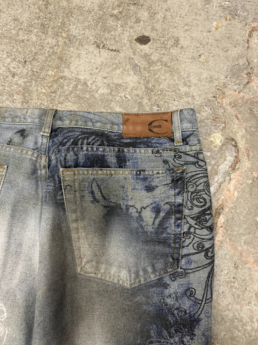 2000s Cavalli Floral Contemporary Blue Denim Pants qMqpzUg 9