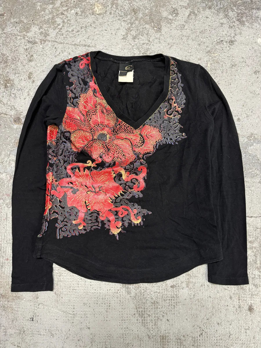2000s Cavalli Floral V Neck Black Longsleeves (S) nqFoeqS 0