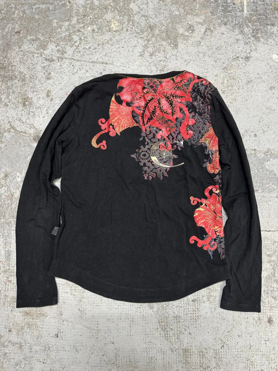 2000s Cavalli Floral V Neck Black Longsleeves (S) nqFoeqS 2