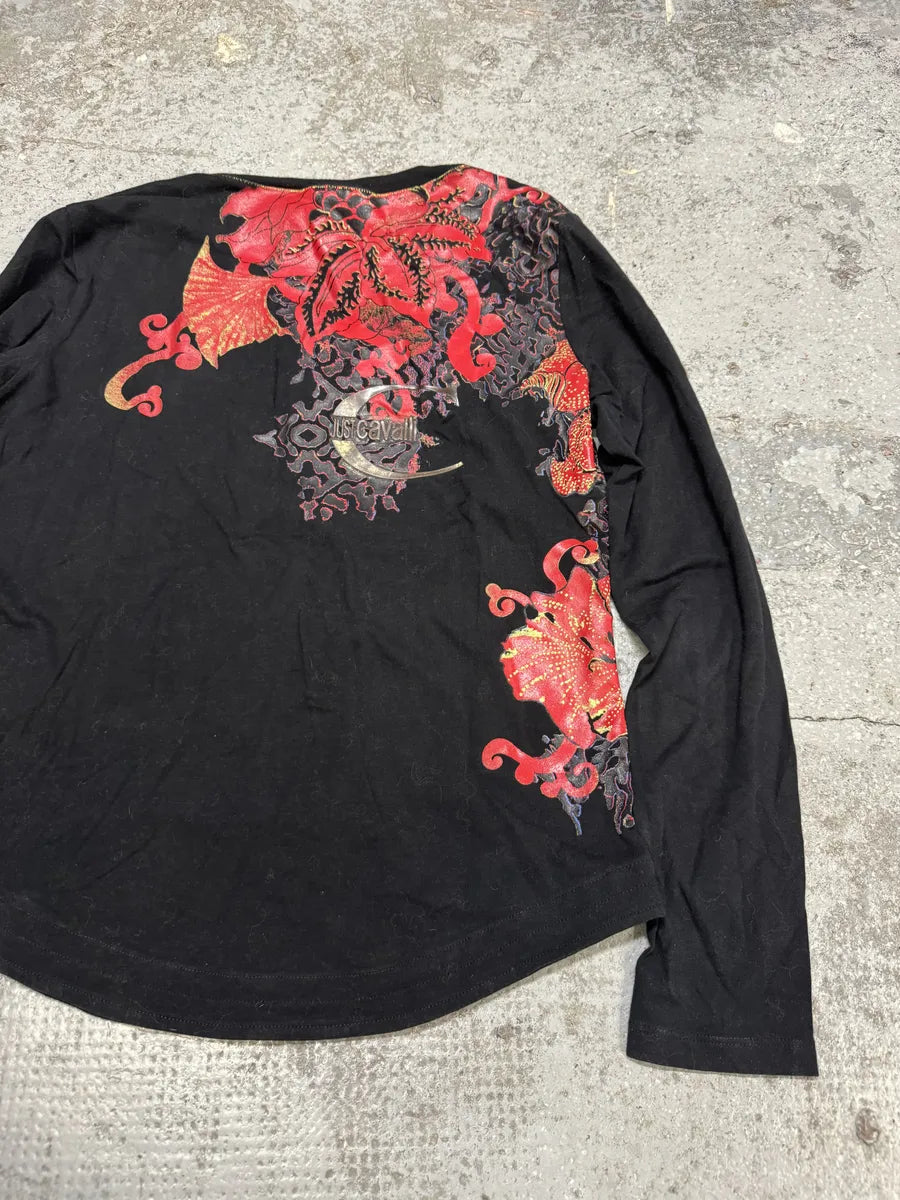 2000s Cavalli Floral V Neck Black Longsleeves (S) nqFoeqS 3