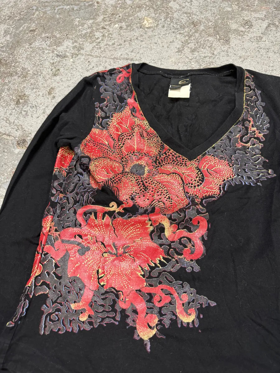 2000s Cavalli Floral V Neck Black Longsleeves (S) nqFoeqS 5