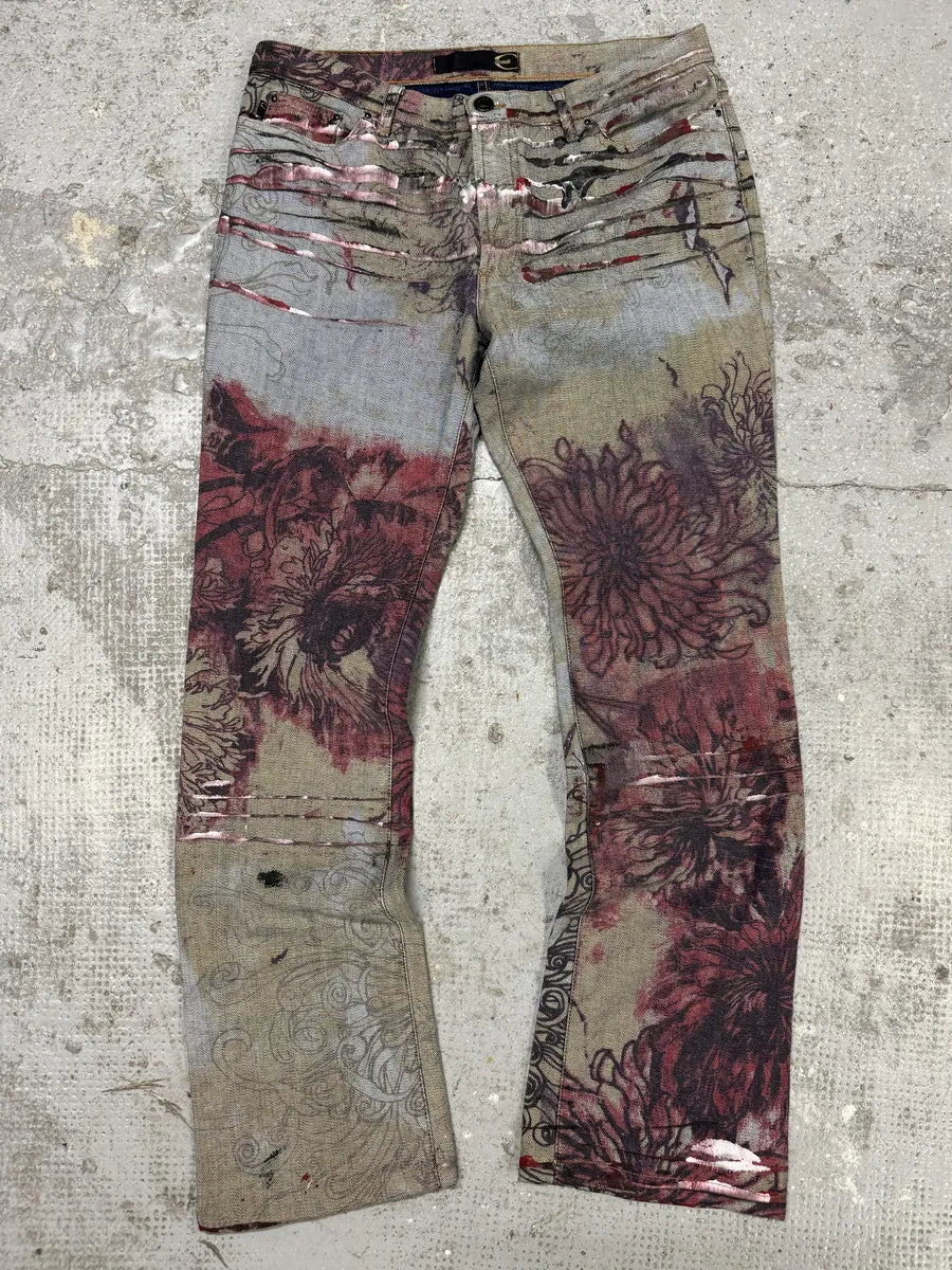 2000s Cavalli Flowers Scar Red Signature Grey Denim Jeans (M) mZPiEbX 0