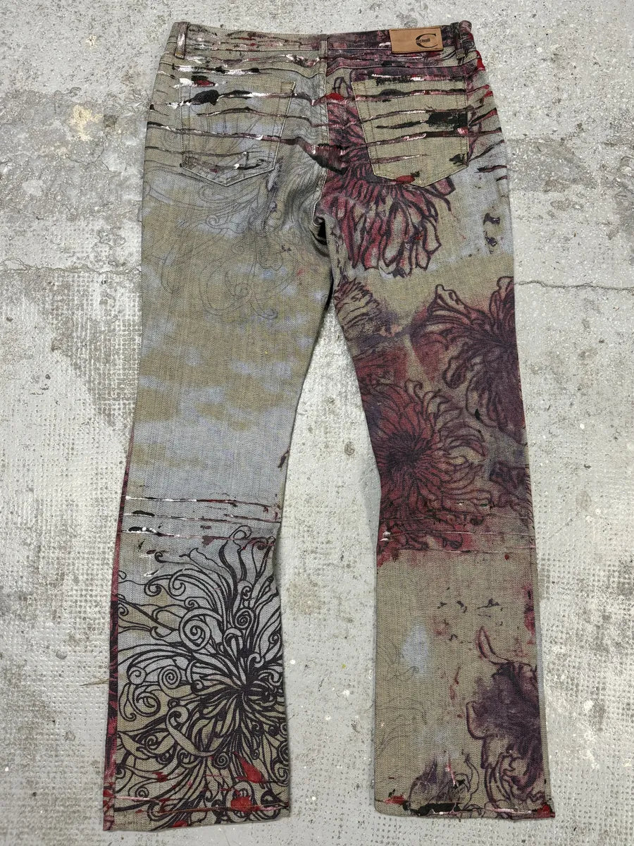 2000s Cavalli Flowers Scar Red Signature Grey Denim Jeans (M) mZPiEbX 1
