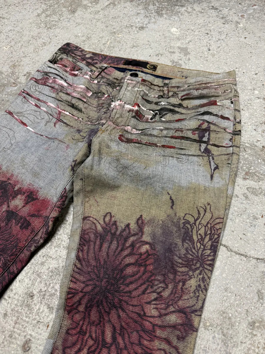 2000s Cavalli Flowers Scar Red Signature Grey Denim Jeans (M) mZPiEbX 10