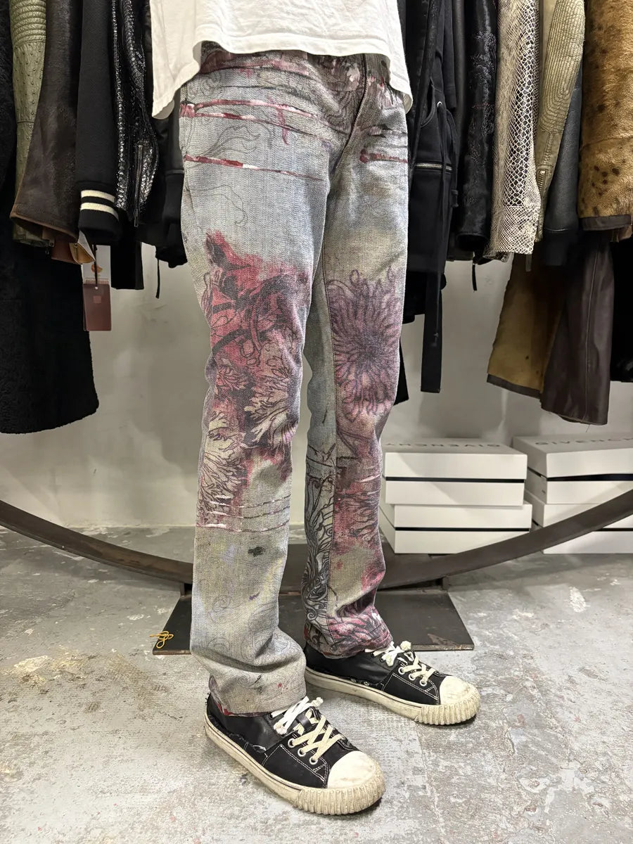 2000s Cavalli Flowers Scar Red Signature Grey Denim Jeans (M) mZPiEbX 2