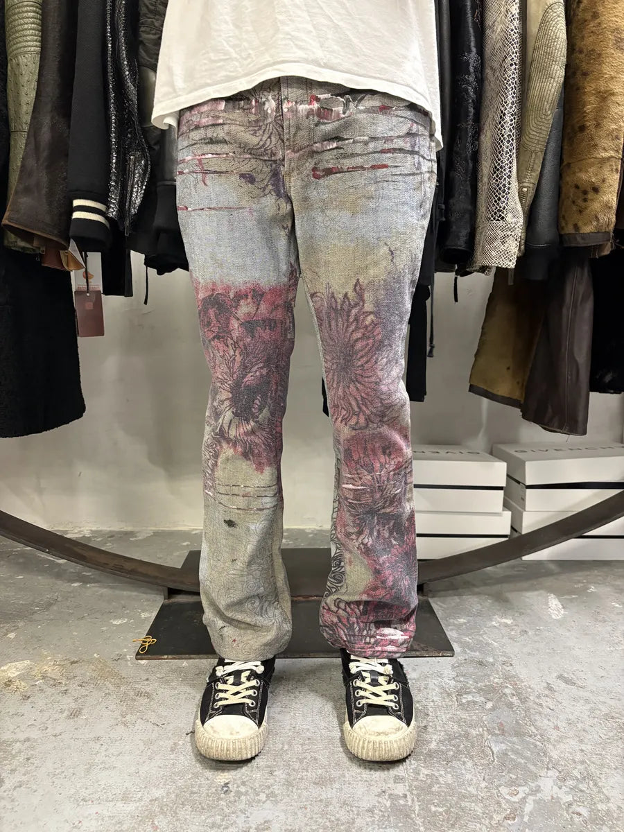 2000s Cavalli Flowers Scar Red Signature Grey Denim Jeans (M) mZPiEbX 3