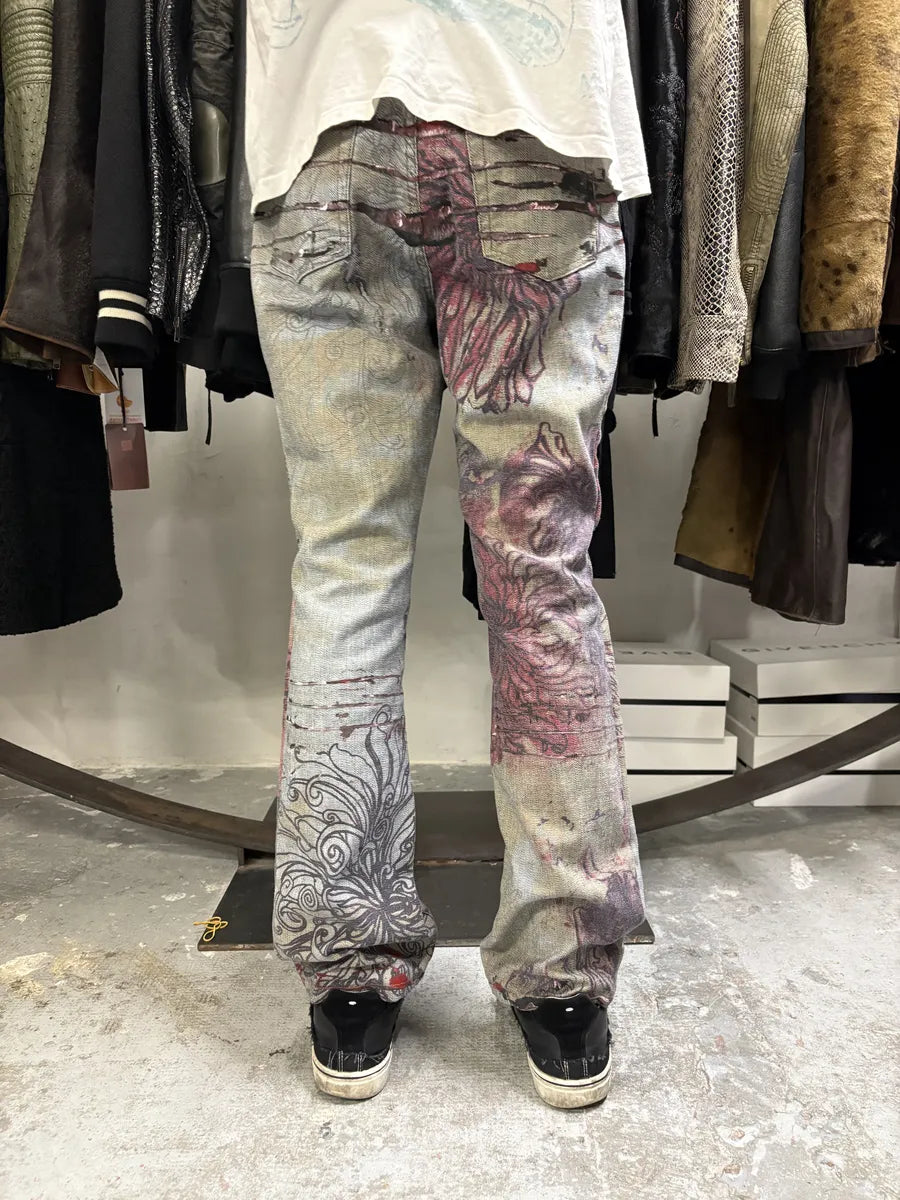 2000s Cavalli Flowers Scar Red Signature Grey Denim Jeans (M) mZPiEbX 4