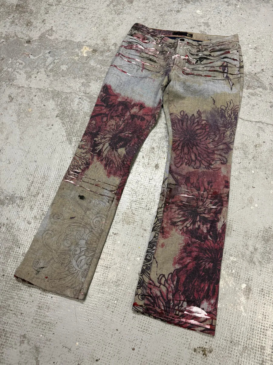 2000s Cavalli Flowers Scar Red Signature Grey Denim Jeans (M) mZPiEbX 5