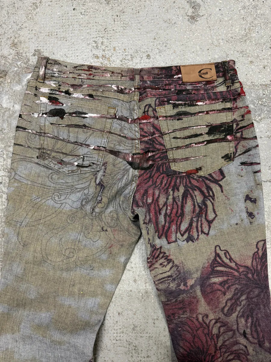 2000s Cavalli Flowers Scar Red Signature Grey Denim Jeans (M) mZPiEbX 7