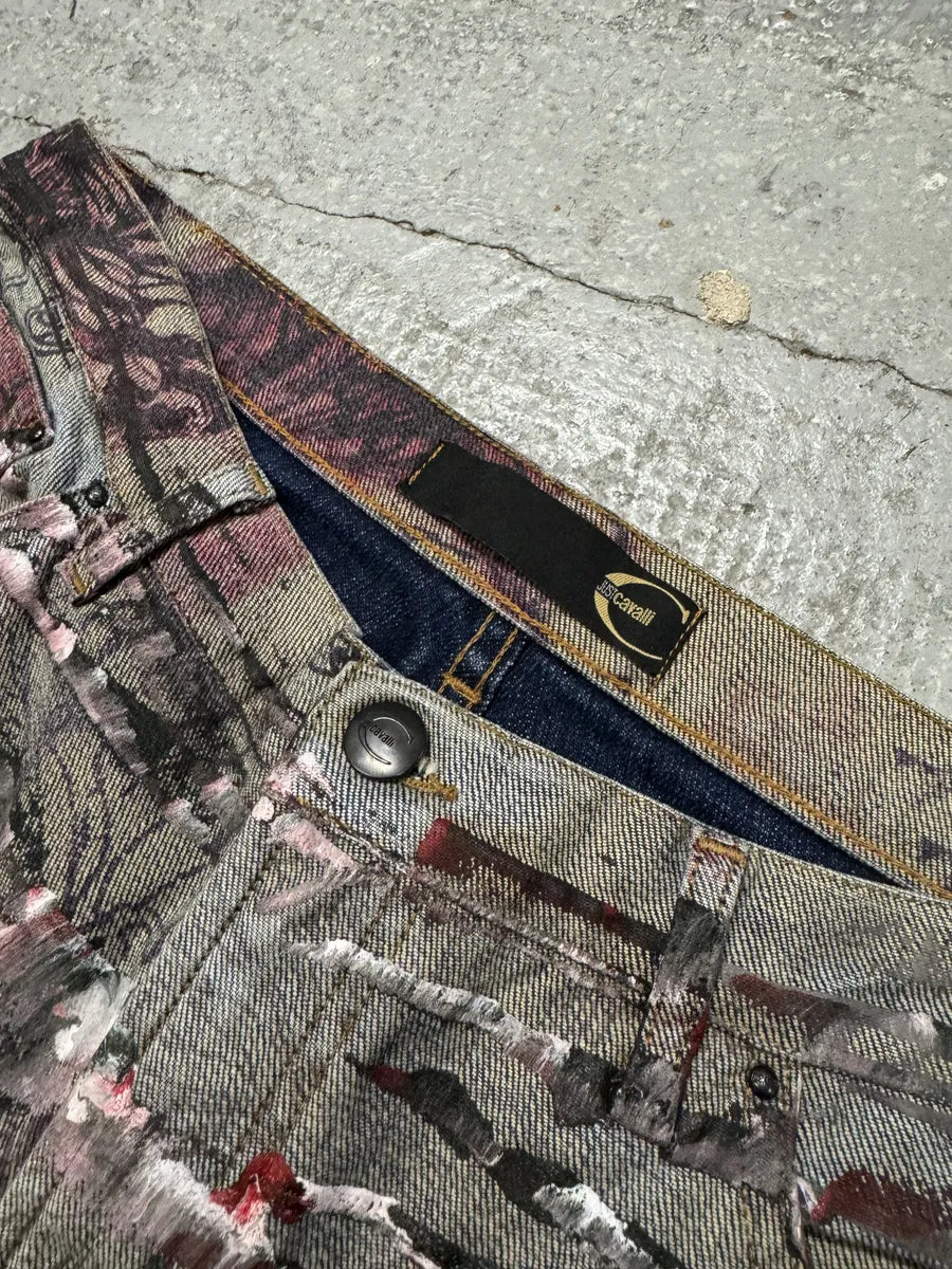 2000s Cavalli Flowers Scar Red Signature Grey Denim Jeans (M) mZPiEbX 9