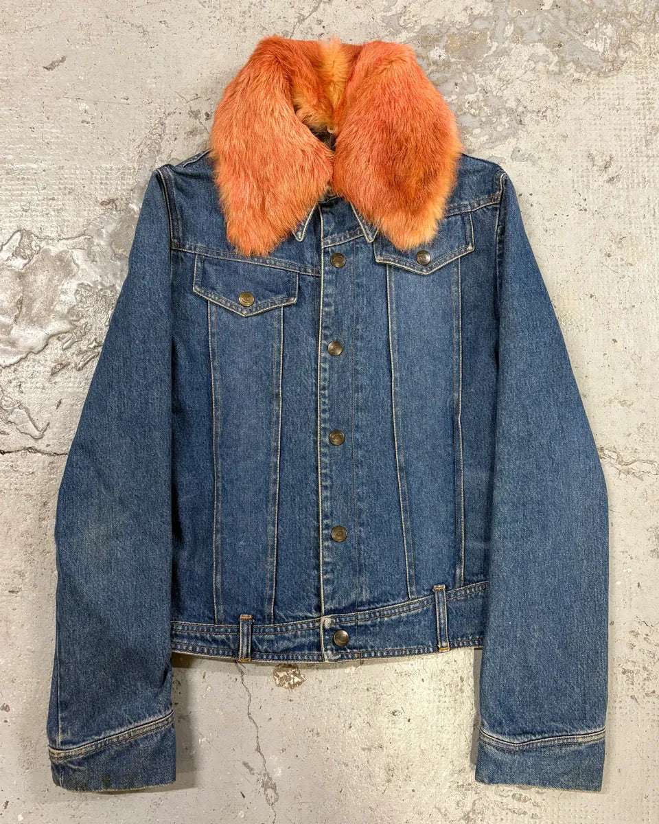 2000s Cavalli Fur Collar Blue Denim Jacket tNXDzAu 0
