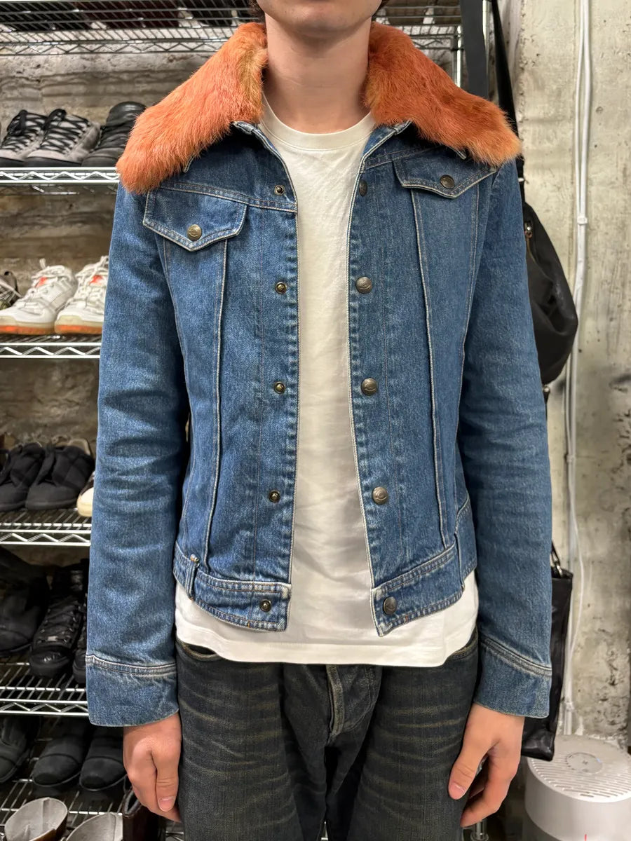 2000s Cavalli Fur Collar Blue Denim Jacket tNXDzAu 1