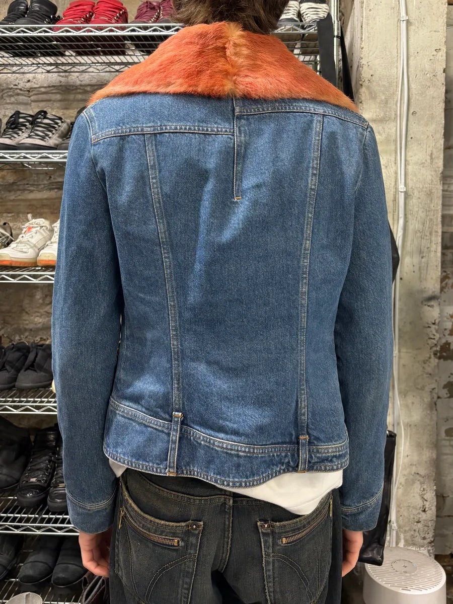 2000s Cavalli Fur Collar Blue Denim Jacket tNXDzAu 2