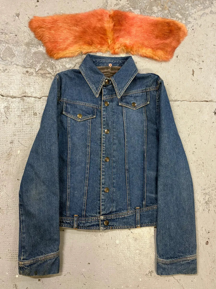 2000s Cavalli Fur Collar Blue Denim Jacket tNXDzAu 3