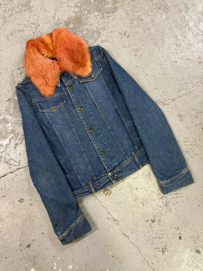 2000s Cavalli Fur Collar Blue Denim Jacket tNXDzAu 4