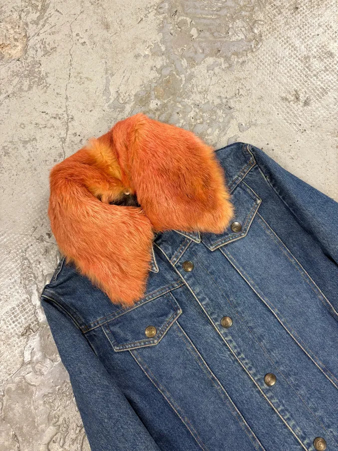 2000s Cavalli Fur Collar Blue Denim Jacket tNXDzAu 5