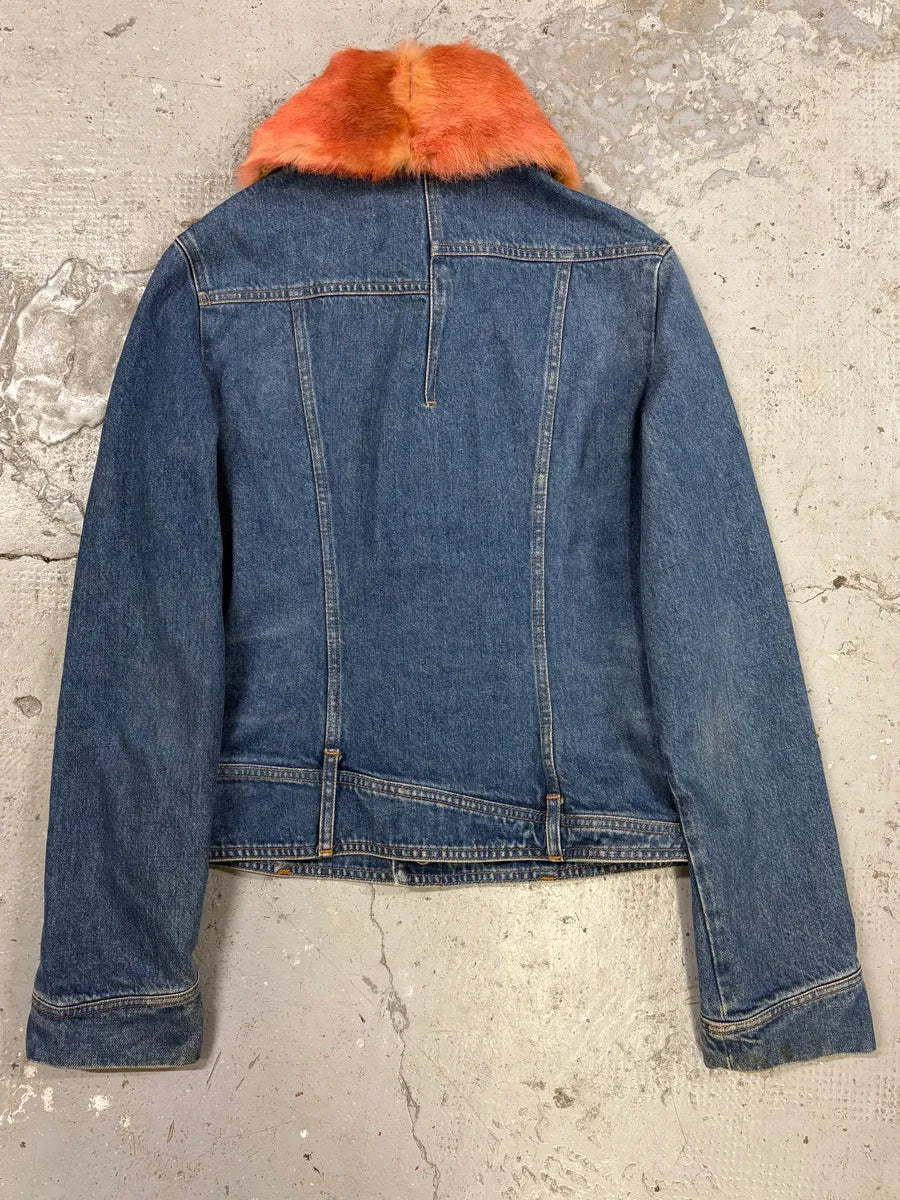2000s Cavalli Fur Collar Blue Denim Jacket tNXDzAu 6