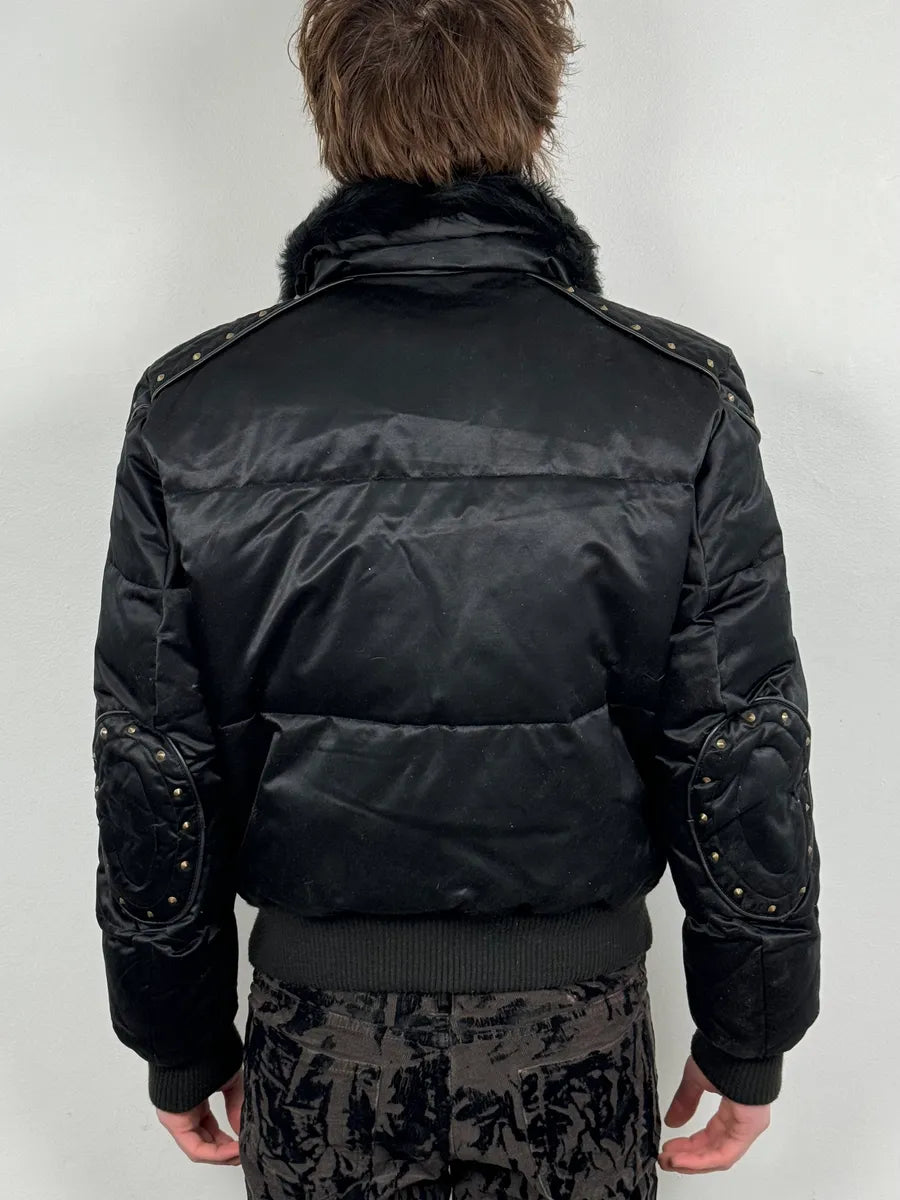 2000s Cavalli Fur Collar Black Puffer Studded Jacket wZOMtcq 2