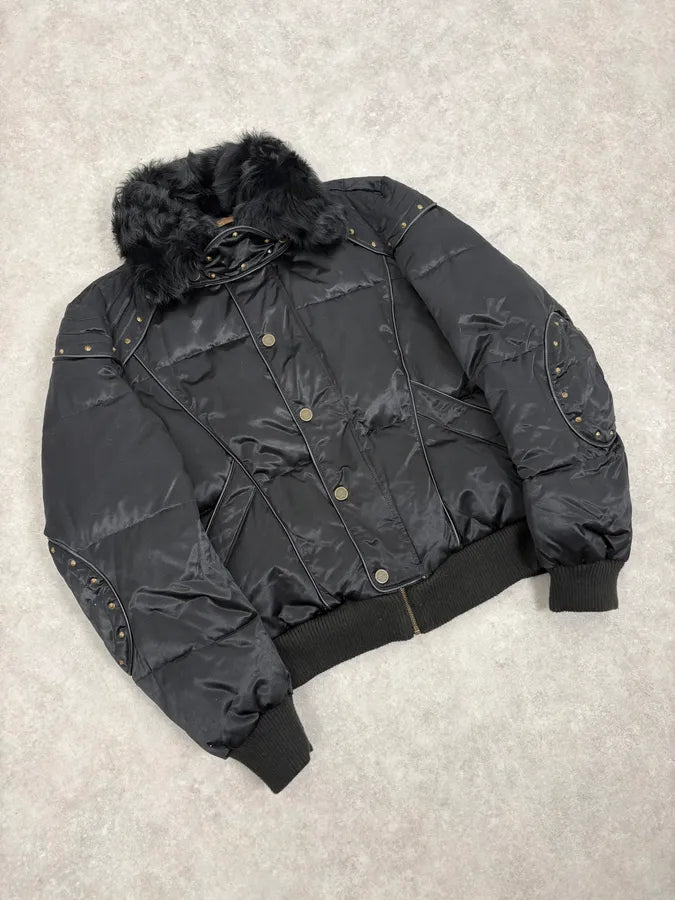 2000s Cavalli Fur Collar Black Puffer Studded Jacket wZOMtcq 3