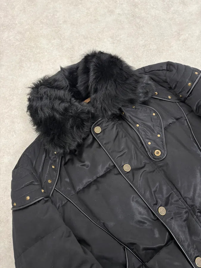 2000s Cavalli Fur Collar Black Puffer Studded Jacket wZOMtcq 7