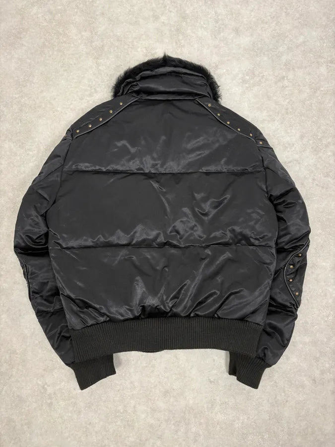 2000s Cavalli Fur Collar Black Puffer Studded Jacket wZOMtcq 5