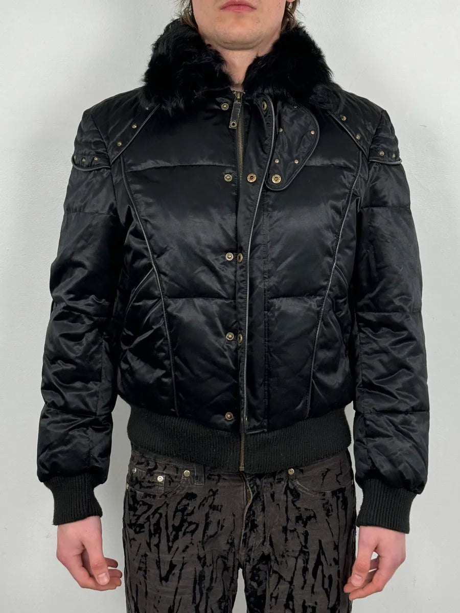 2000s Cavalli Fur Collar Black Puffer Studded Jacket wZOMtcq 1