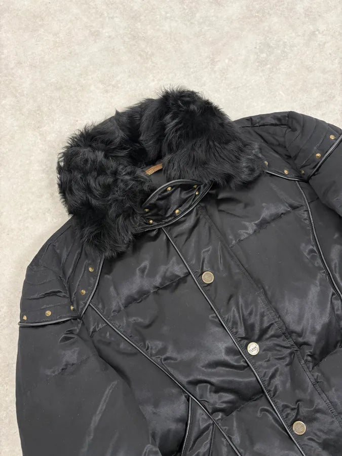 2000s Cavalli Fur Collar Black Puffer Studded Jacket wZOMtcq 4