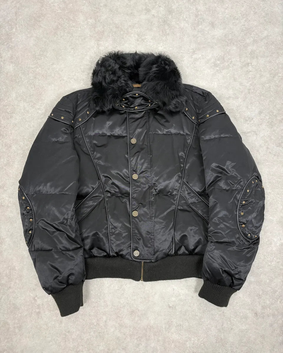 2000s Cavalli Fur Collar Black Puffer Studded Jacket wZOMtcq 0