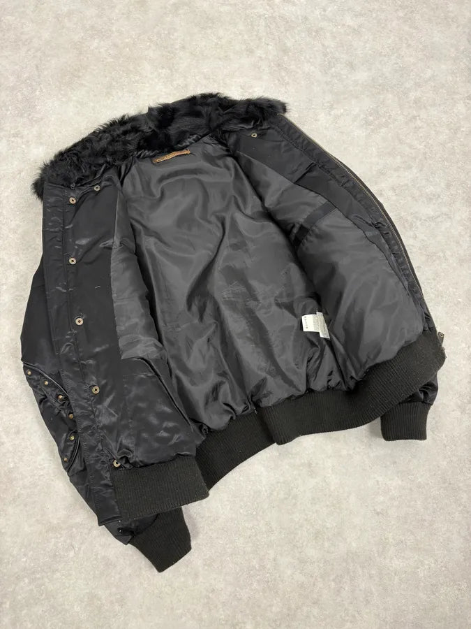 2000s Cavalli Fur Collar Black Puffer Studded Jacket wZOMtcq 6