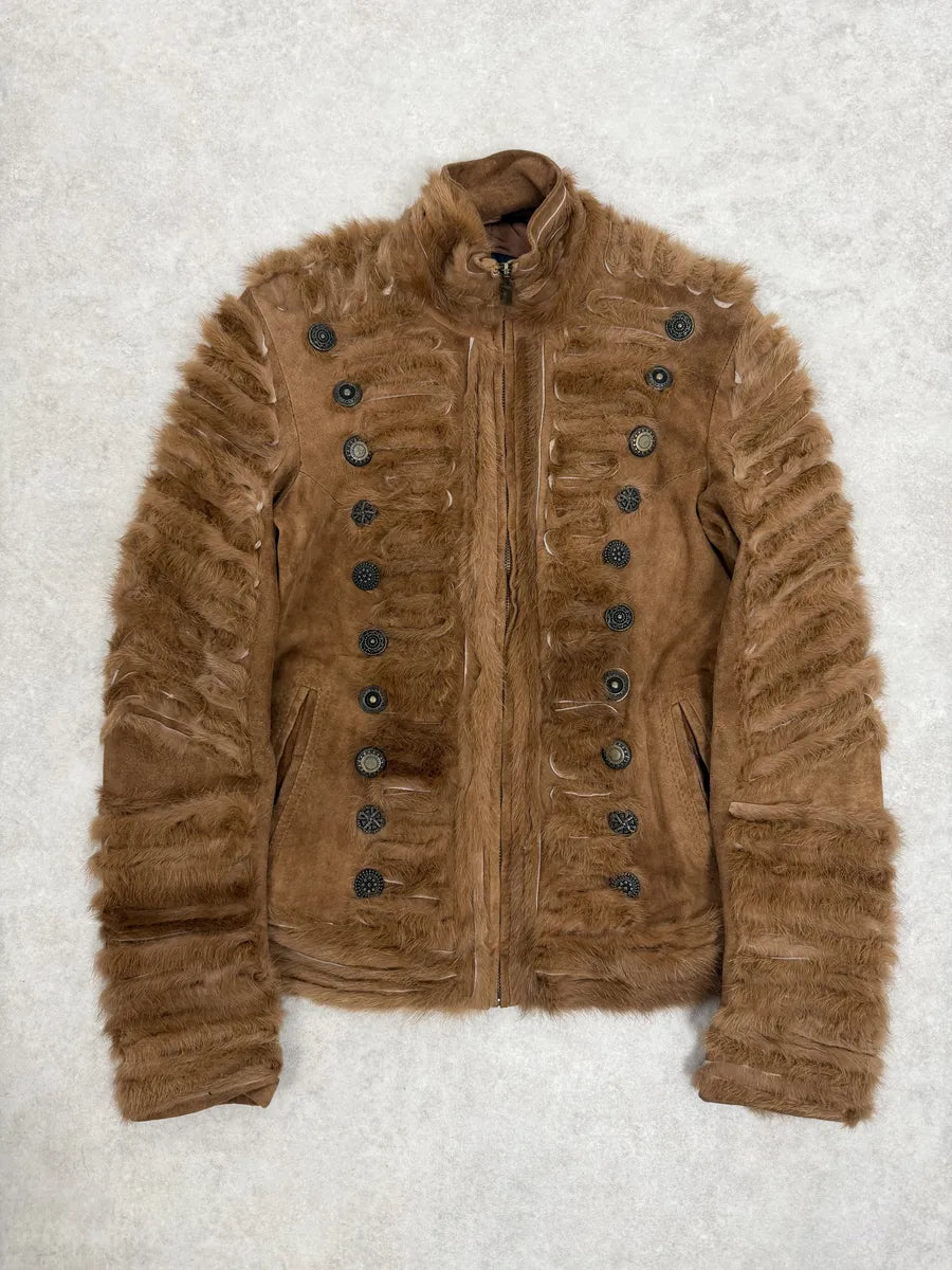 2000s Cavalli Fur Officer Napoleon Camel Suede Mink Leather Jacket uaaLOgx 2