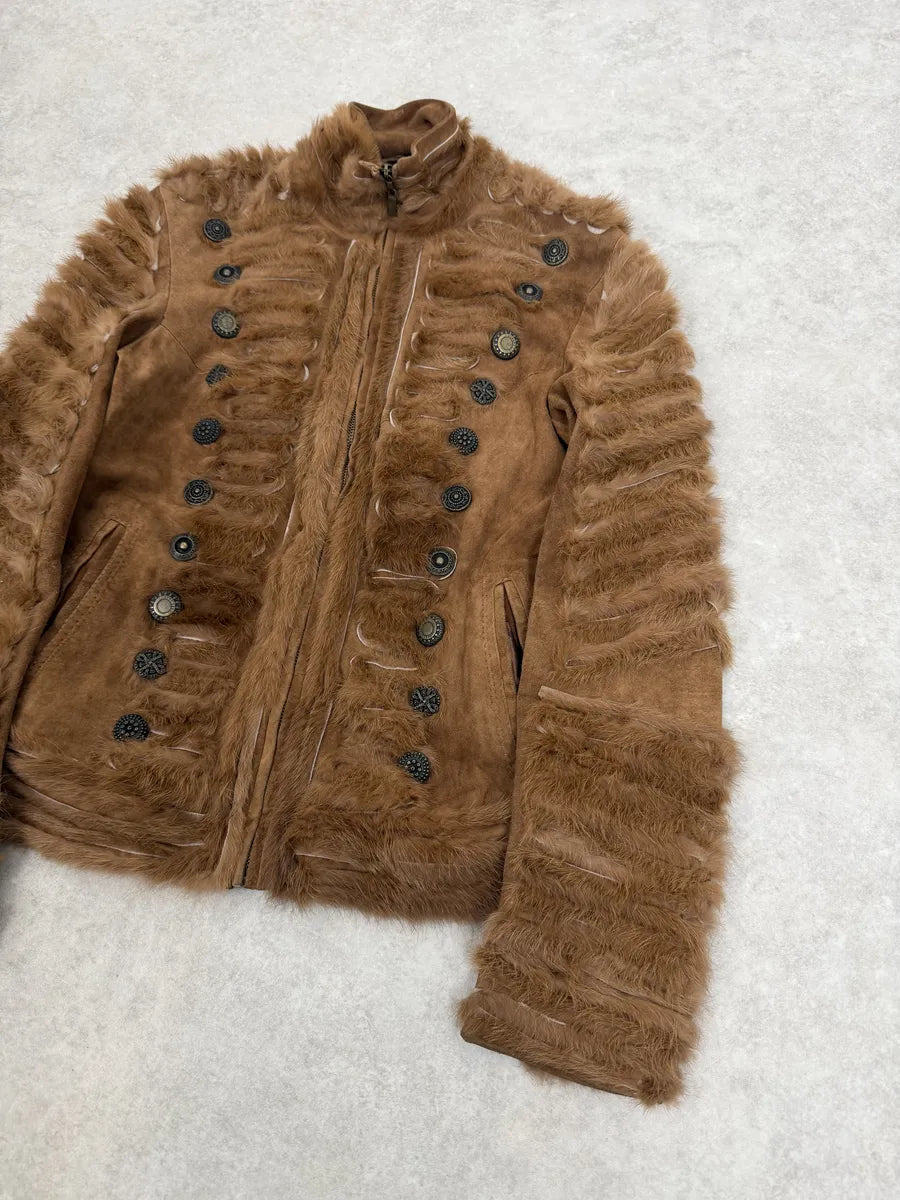 2000s Cavalli Fur Officer Napoleon Camel Suede Mink Leather Jacket uaaLOgx 3