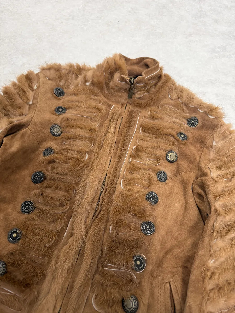 2000s Cavalli Fur Officer Napoleon Camel Suede Mink Leather Jacket uaaLOgx 5