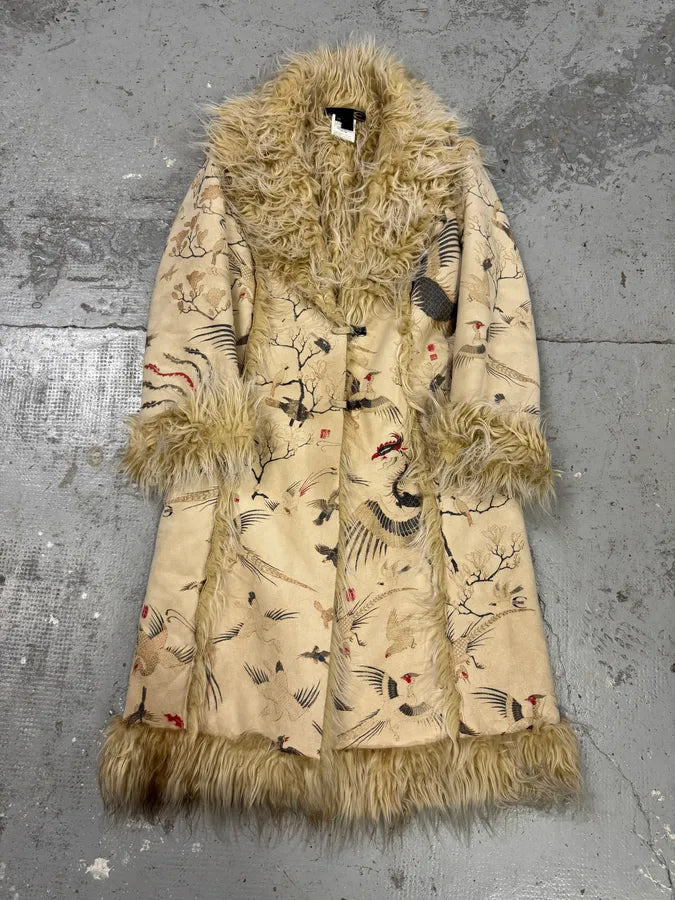 2000s Cavalli Fur White Asian Birds & Flowers Coat (L) IRYujyU 0