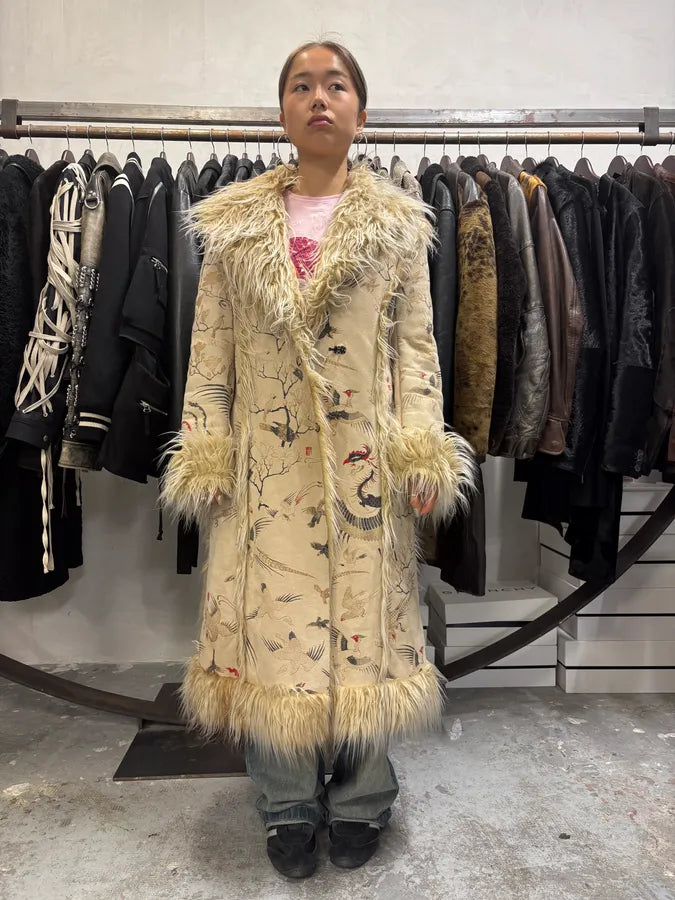 2000s Cavalli Fur White Asian Birds & Flowers Coat (L) IRYujyU 1