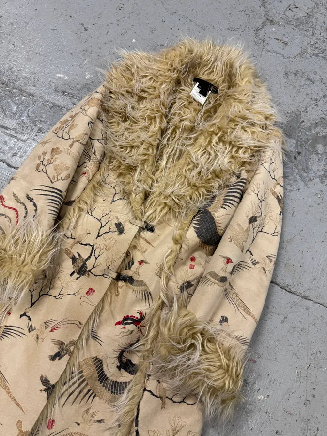 2000s Cavalli Fur White Asian Birds & Flowers Coat (L) IRYujyU 3