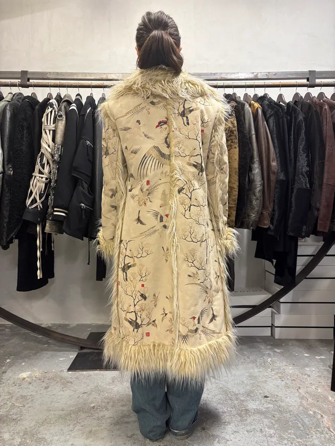 2000s Cavalli Fur White Asian Birds & Flowers Coat (L) IRYujyU 2