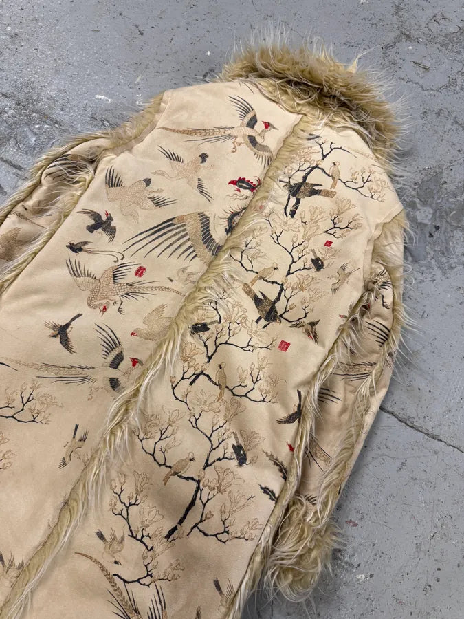 2000s Cavalli Fur White Asian Birds & Flowers Coat (L) IRYujyU 5
