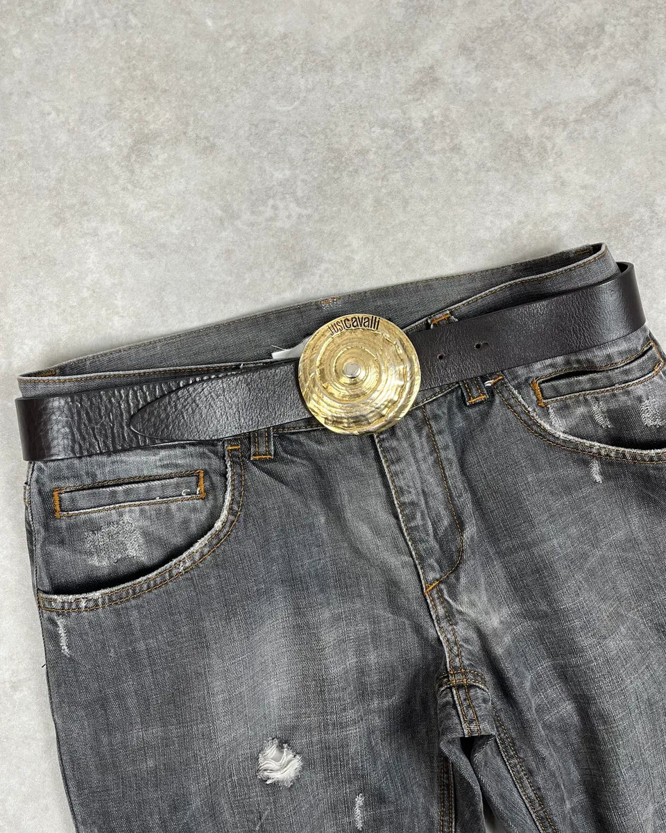 2000s Cavalli Gold Buckle Brown Leather Belt IcFDFjD 0