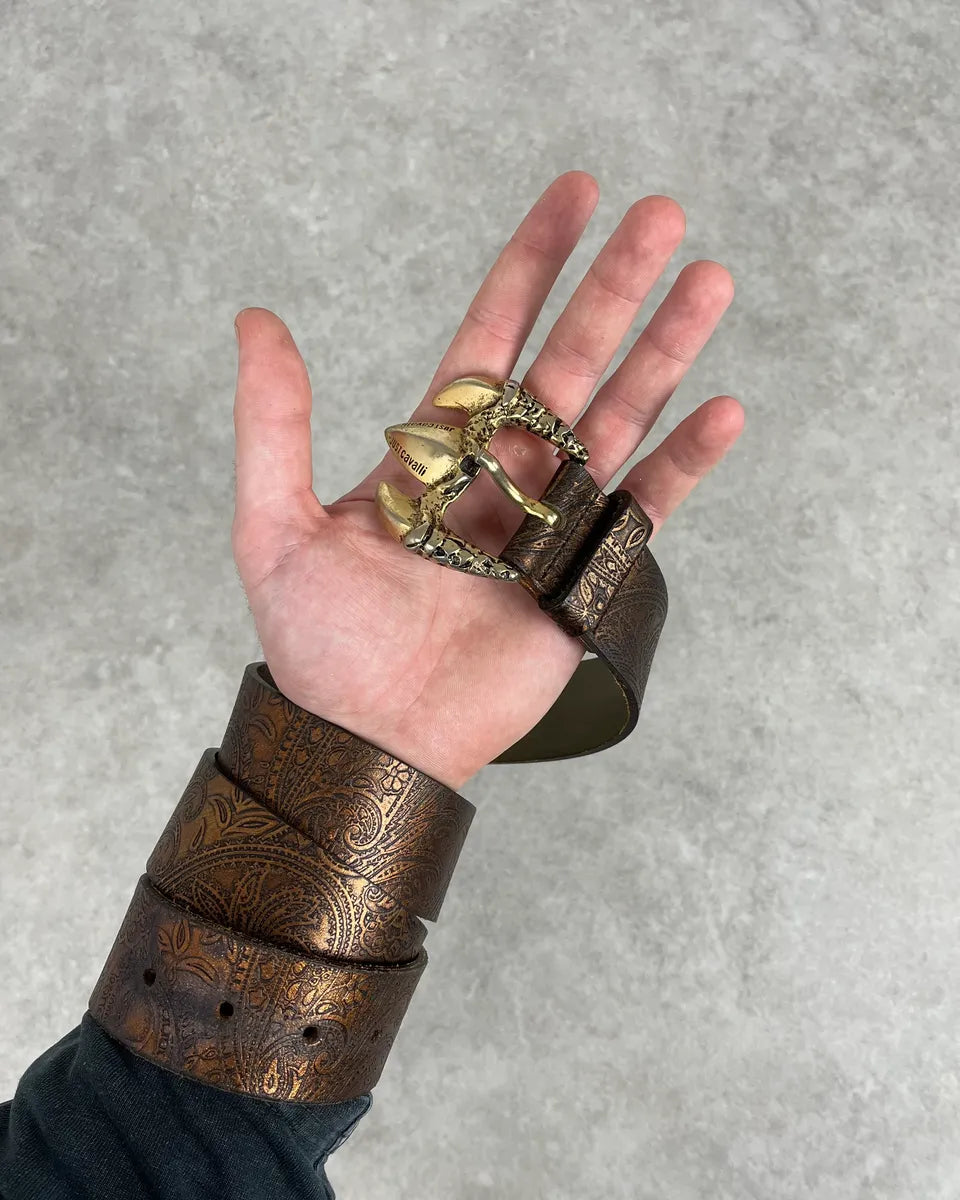 2000s Cavalli Gold Buckle Brown Leather Belt BcXnMhf 1