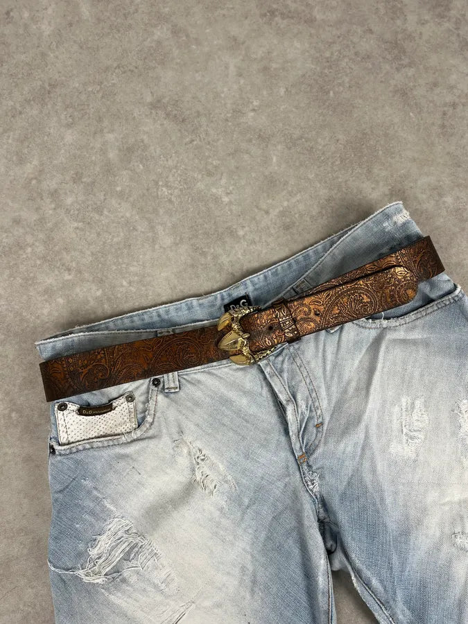 2000s Cavalli Gold Buckle Brown Leather Belt BcXnMhf 0