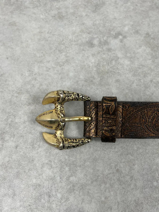 2000s Cavalli Gold Buckle Brown Leather Belt BcXnMhf 4