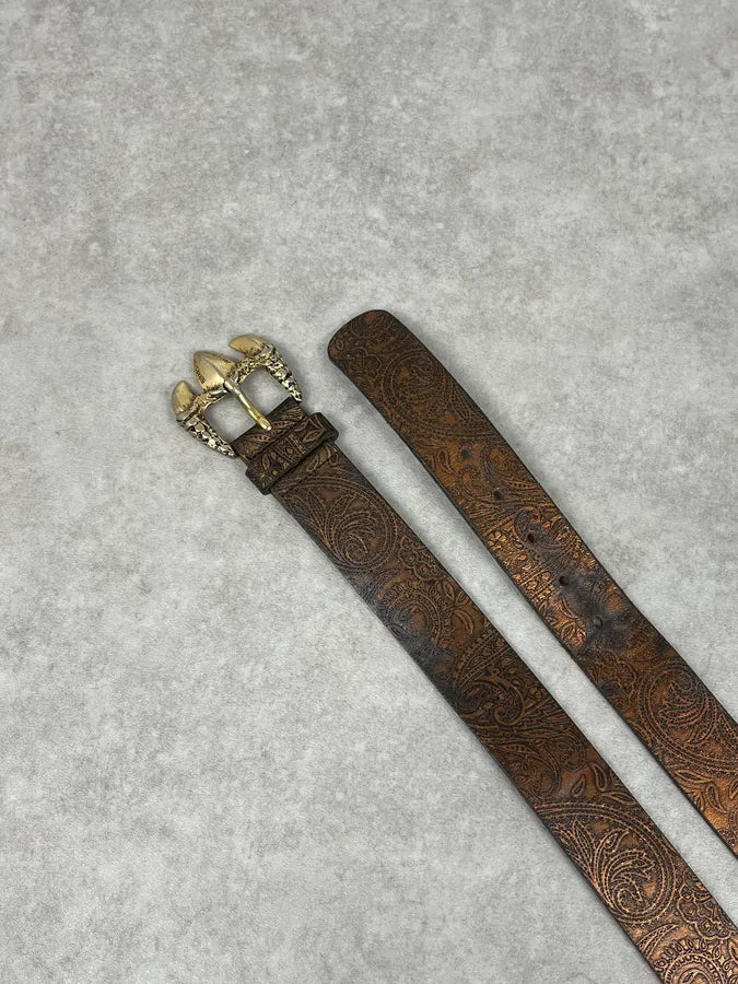 2000s Cavalli Gold Buckle Brown Leather Belt BcXnMhf 2