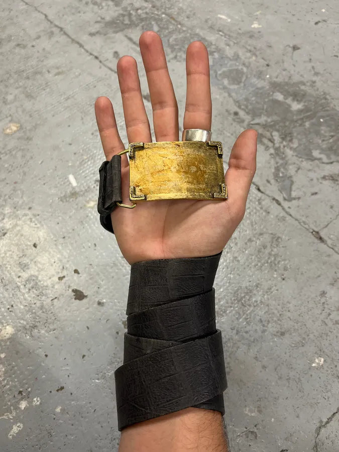 2000s Cavalli Golden Brut Rectangle Black Leather Belt vZTlLIW 0