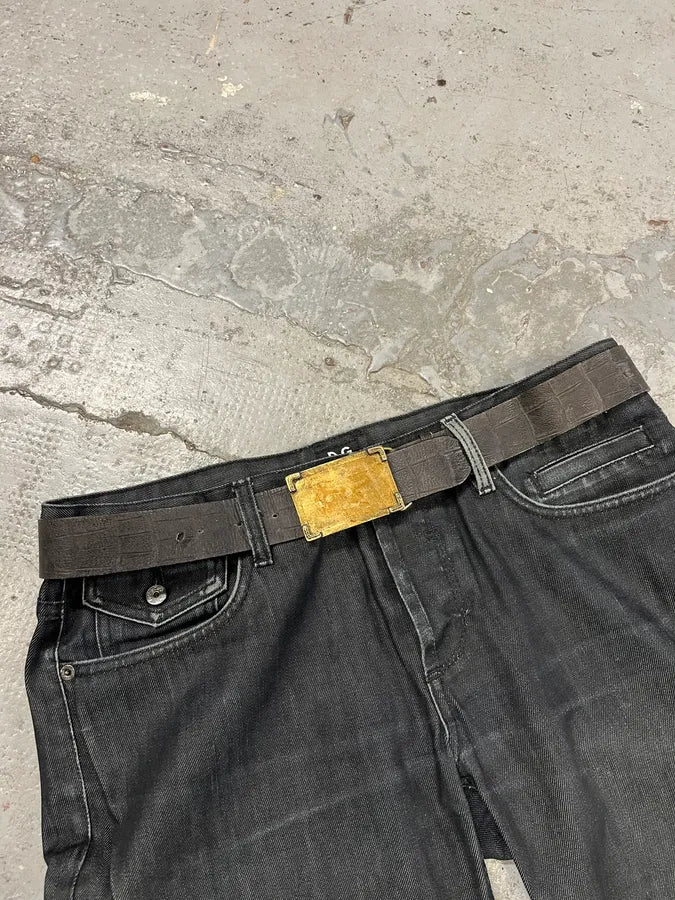 2000s Cavalli Golden Brut Rectangle Black Leather Belt vZTlLIW 1