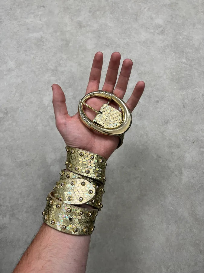 2000s Cavalli Golden Crocodile Effect Studded Leather Belt nwgsEwD 1