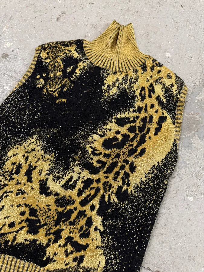 2000s Cavalli Golden Panther Sleeveless High Neck Sweater ranwrsd 1