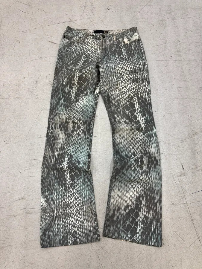 2000s Cavalli Grey Denim Python Print Bootcut Pants OKfZjKT 0