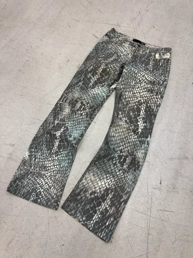 2000s Cavalli Grey Denim Python Print Bootcut Pants OKfZjKT 5