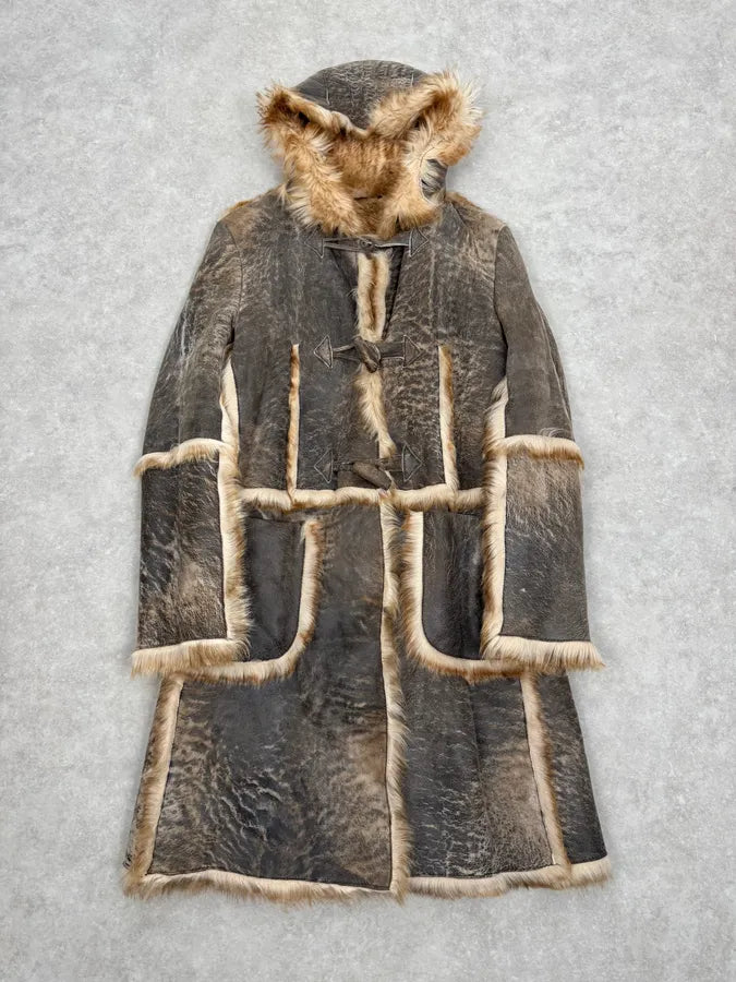 2000s Cavalli Grey Eroded Fur Leather Long Coat AXWWwba 0